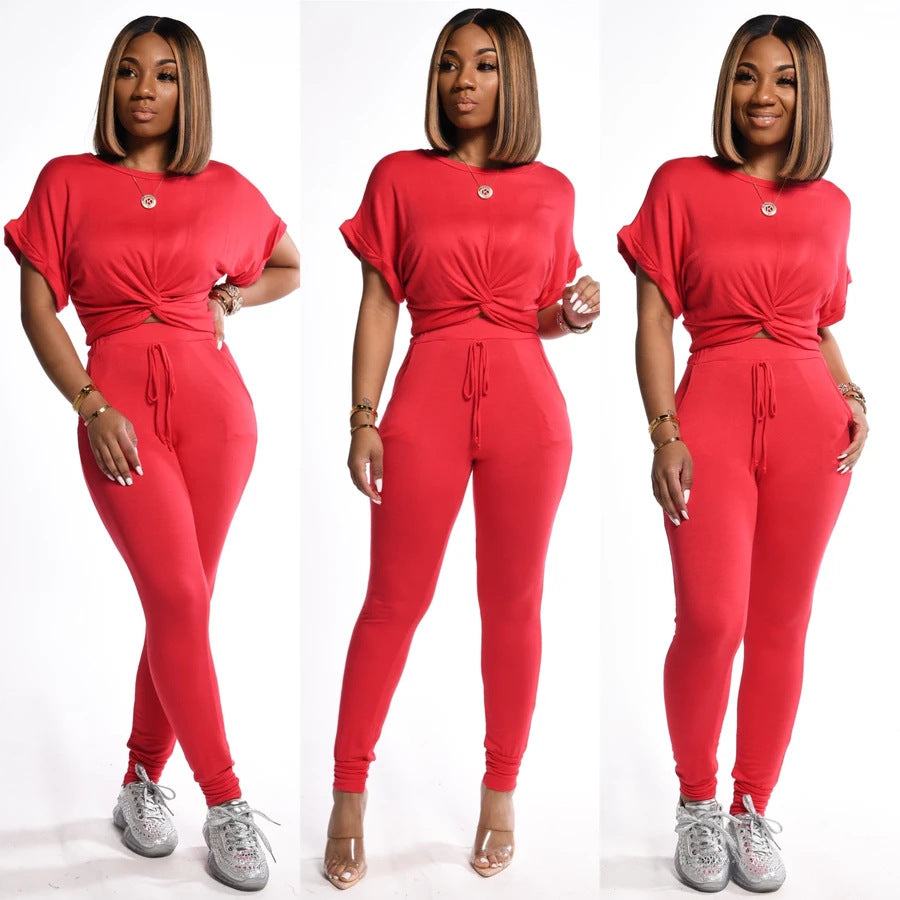 Solid Color Short-Sleeved Sports Casual Women's Two Piece Pants Set 4