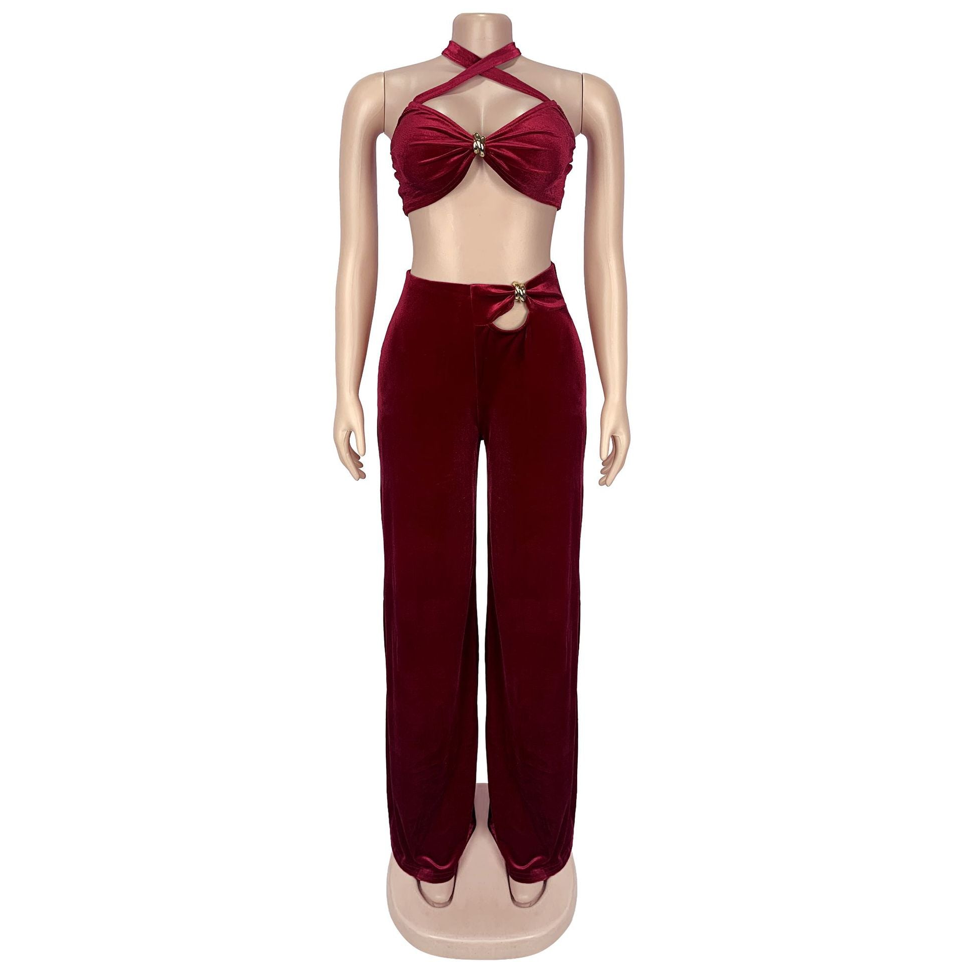 Women solid sexy strapless top and trousers two-piece suit 5