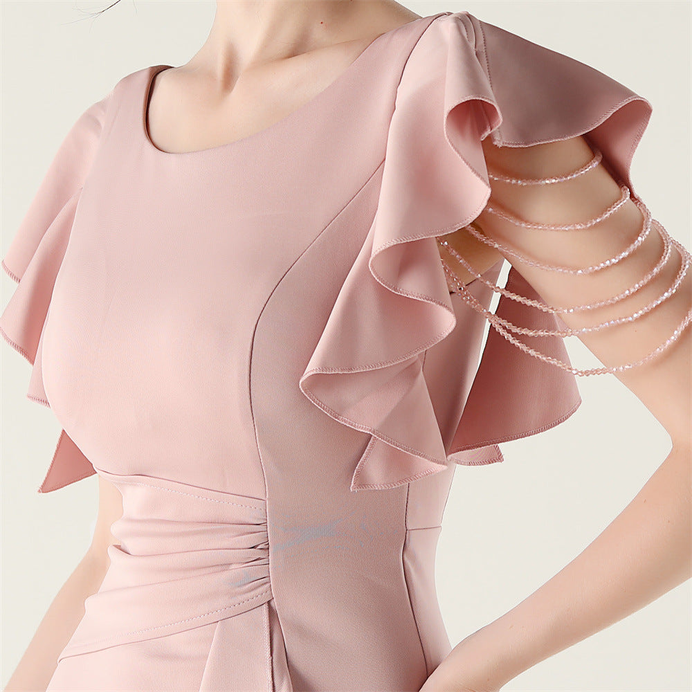 Women beaded tube V neck ruffle draped bead chain bead formal party evening dress 18