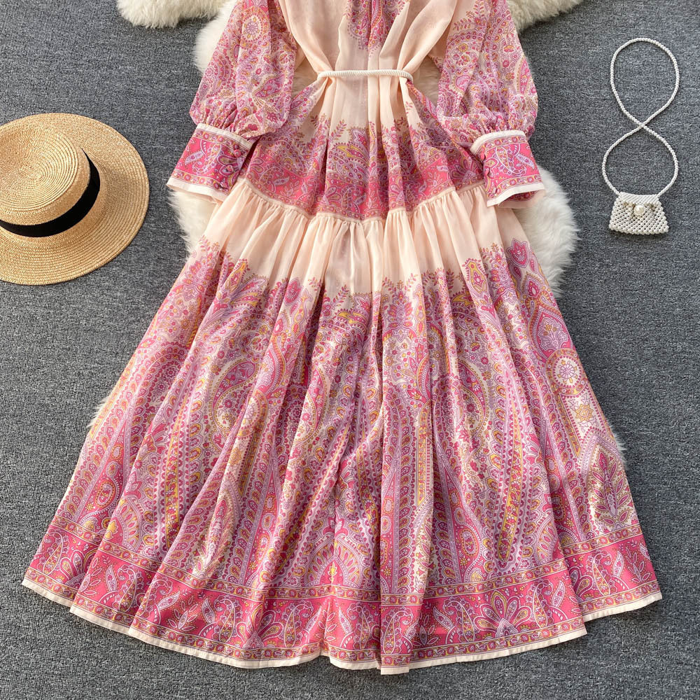 Women Stand Collar Balloon Sleeve Printed Dress 21