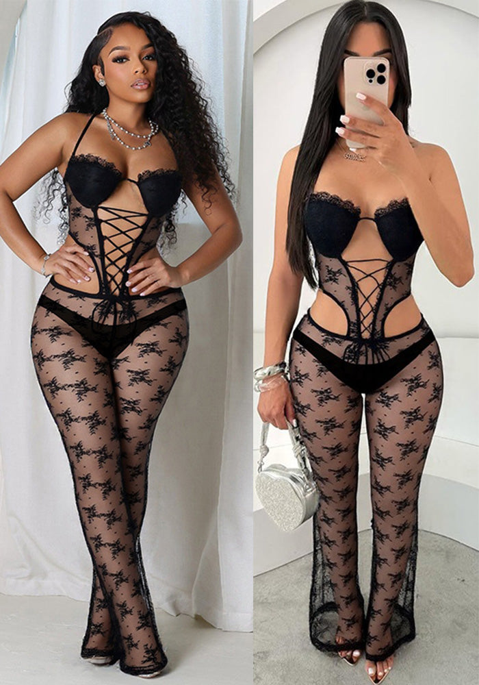 Women's Spring/Summer Lace Halter Neck Lace-Up Strapless Hollow Jumpsuit with Padding