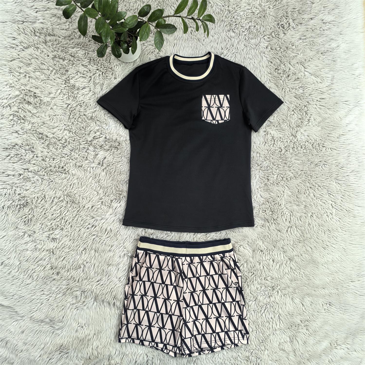 Women summer printed Round Neck pocket short-sleeved top and shorts two-piece set 8