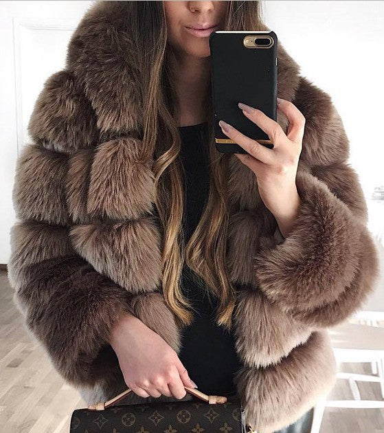 Women Faux Fox Fur With Hood Long Sleeve Jacket