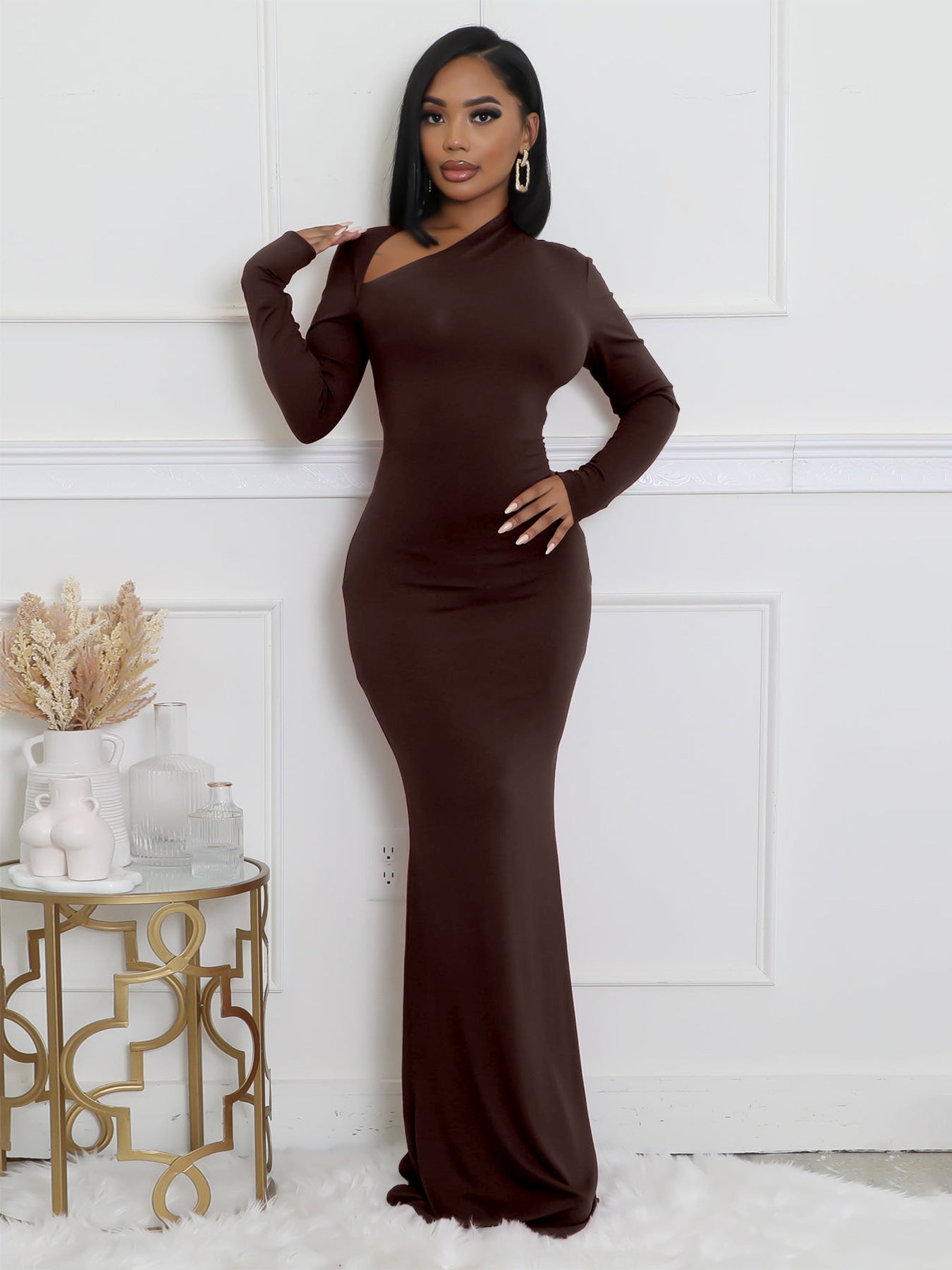 Women Solid Long-Sleeve Slash Shoulder Fishtail Bodycon Dress 14