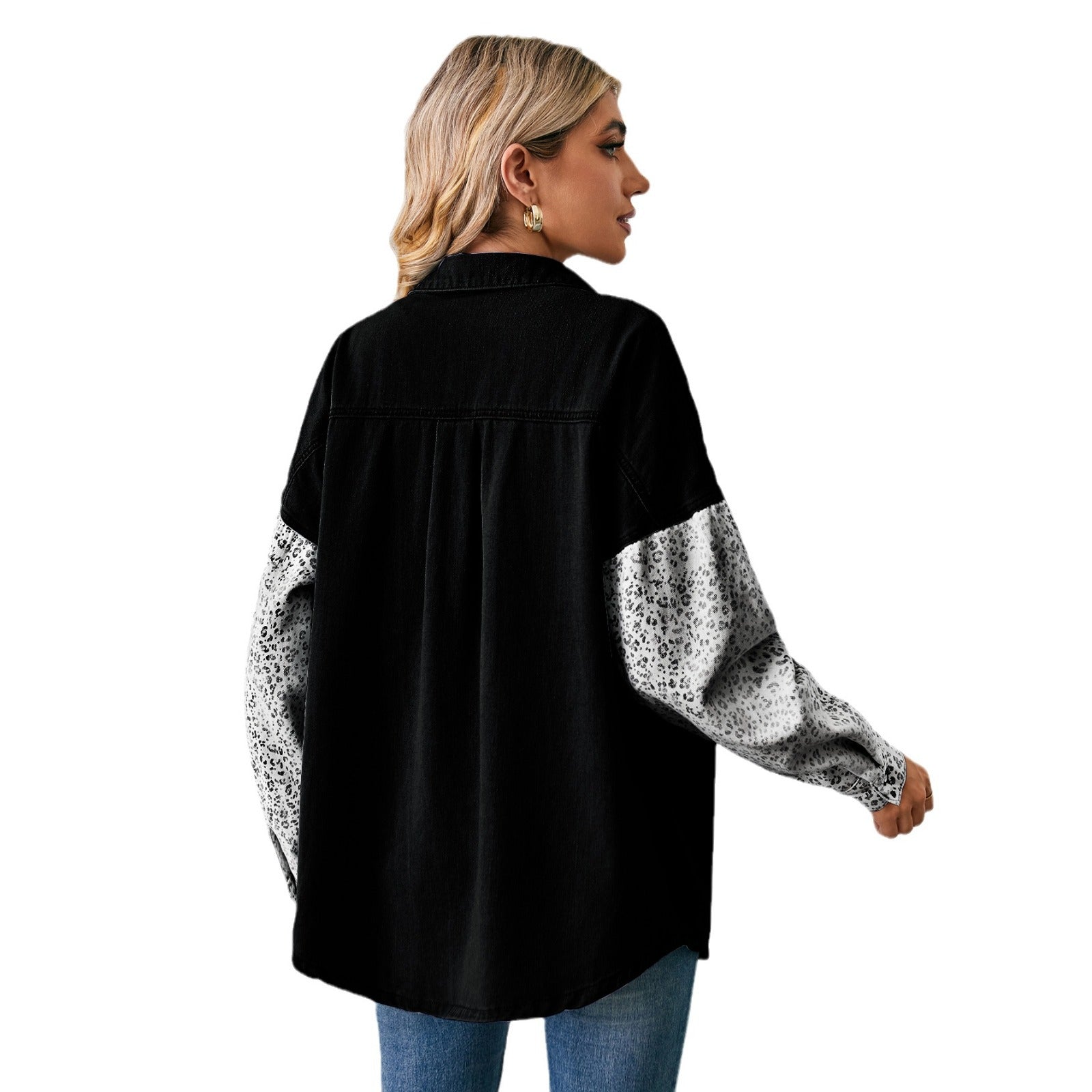 Women Loose Leopard Patchwork Denim Long Sleeve Shirt 8