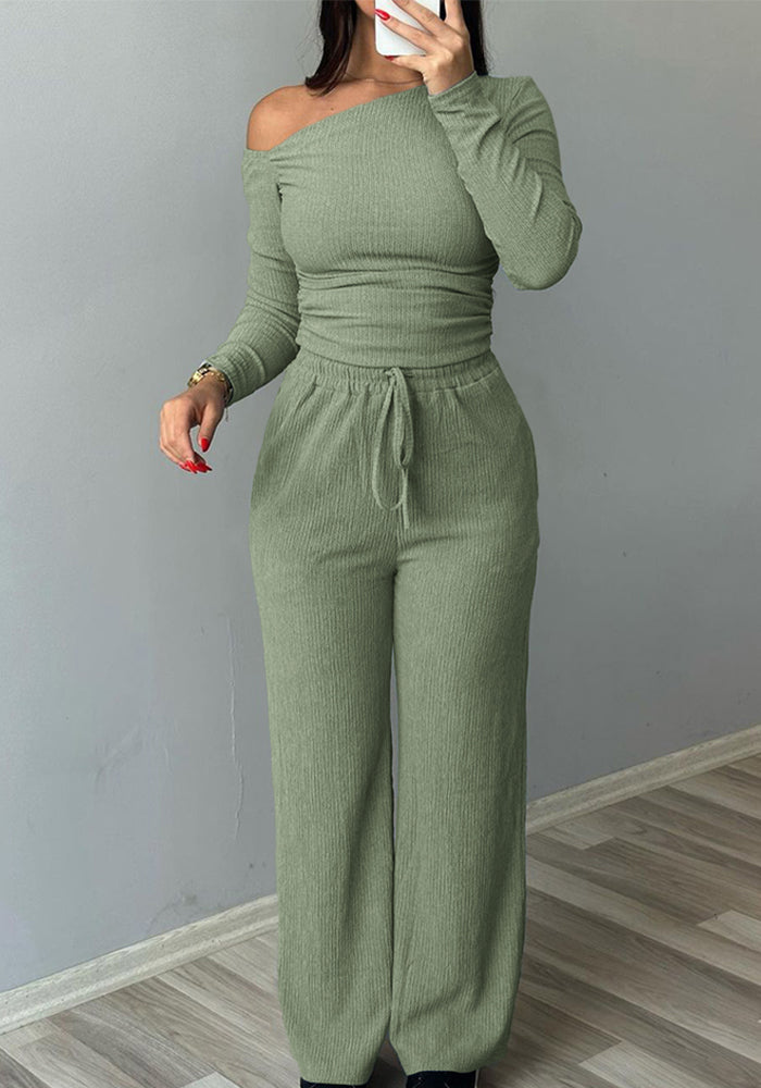 Women Long Sleeve One Shoulder Top Lace-Up Wide Leg Pants Two Piece Set