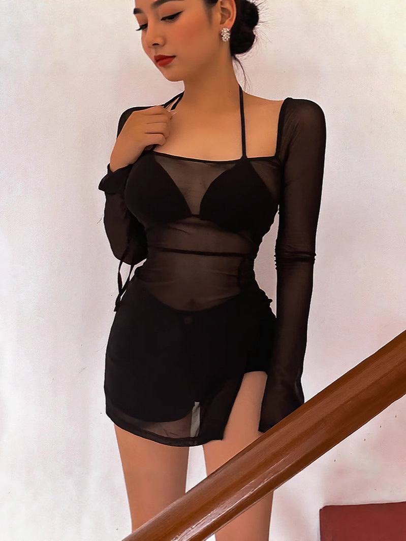 Women See-Through Sexy Mesh Long Sleeve Slit Dress 4