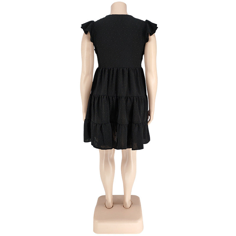 Plus Size Women's Solid Color Ruffled Short Sleeve Button Up Casual A-line Dress 18