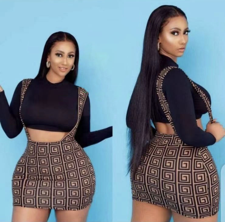 Women Half-high Neck Long Sleeve Crop Top Strap Skirt Two-piece Set 3