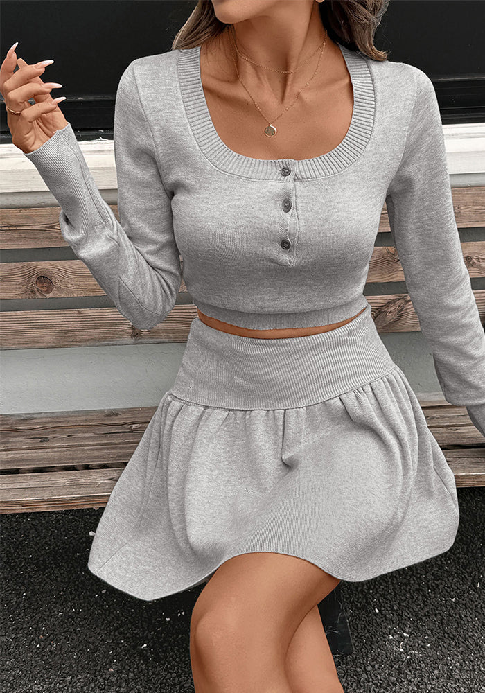 Casual Round Neck Short Crop Knit Long-Sleeve Top & Skirt Two-Piece Set
