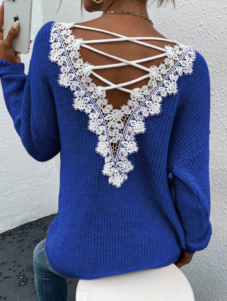 Women Lace Patchwork Sexy Backless Cutout V-Neck Long-Sleeved Sweater 4