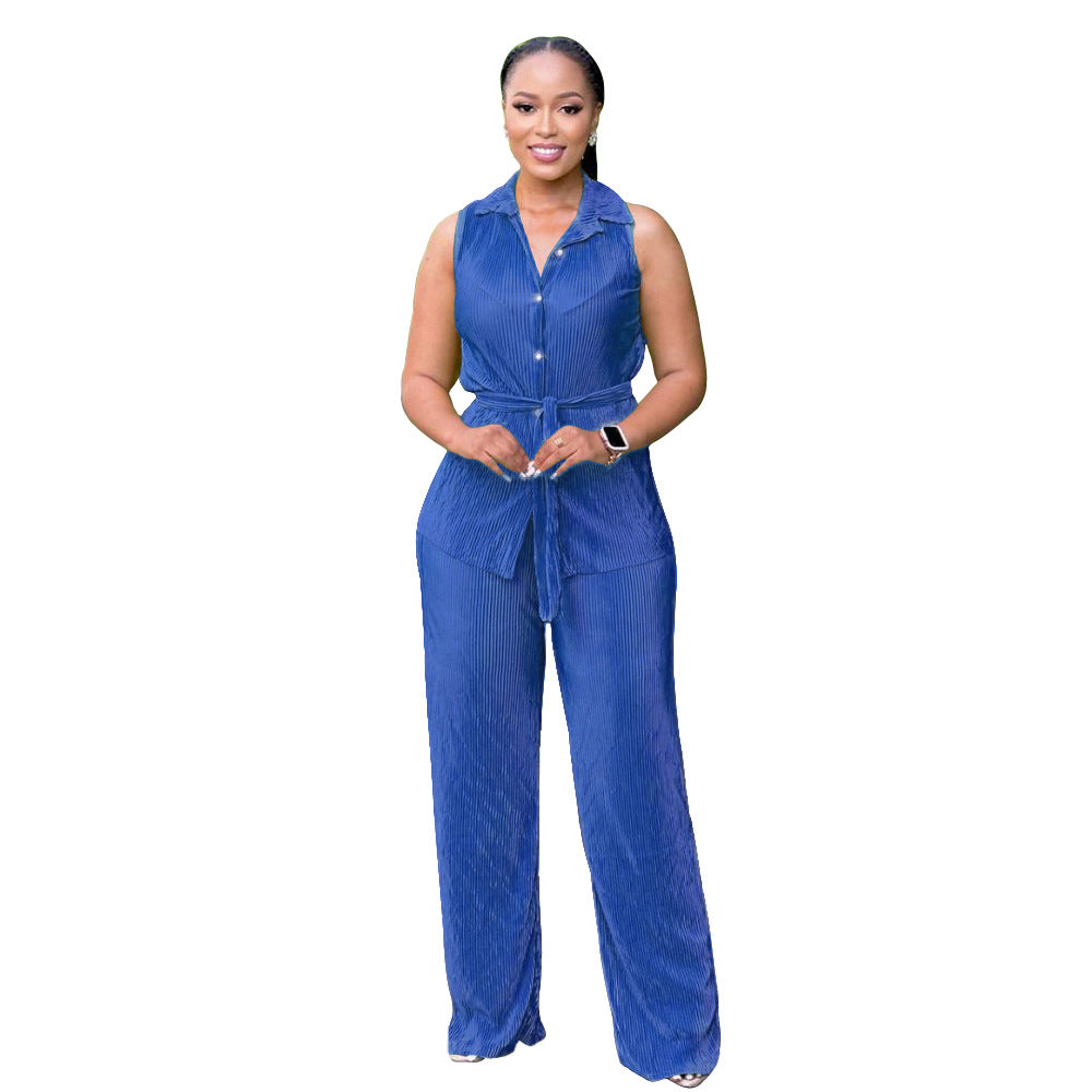 Fashionable Women's Sleeveless Pleated Casual Two Piece Pants Set 8