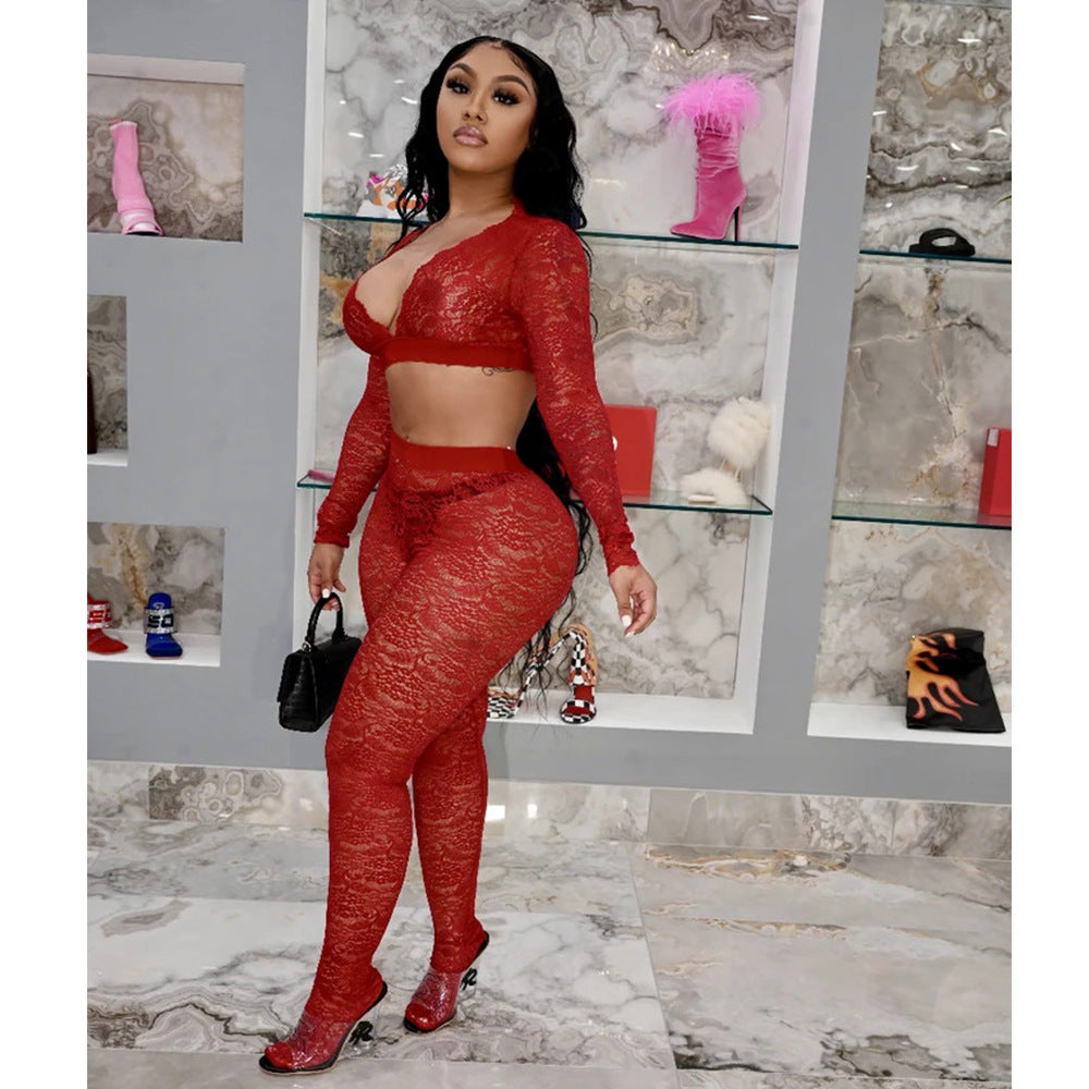 Women's Sexy V-Neck Tight Slim See Through Lace Two-Piece Pants Set 12