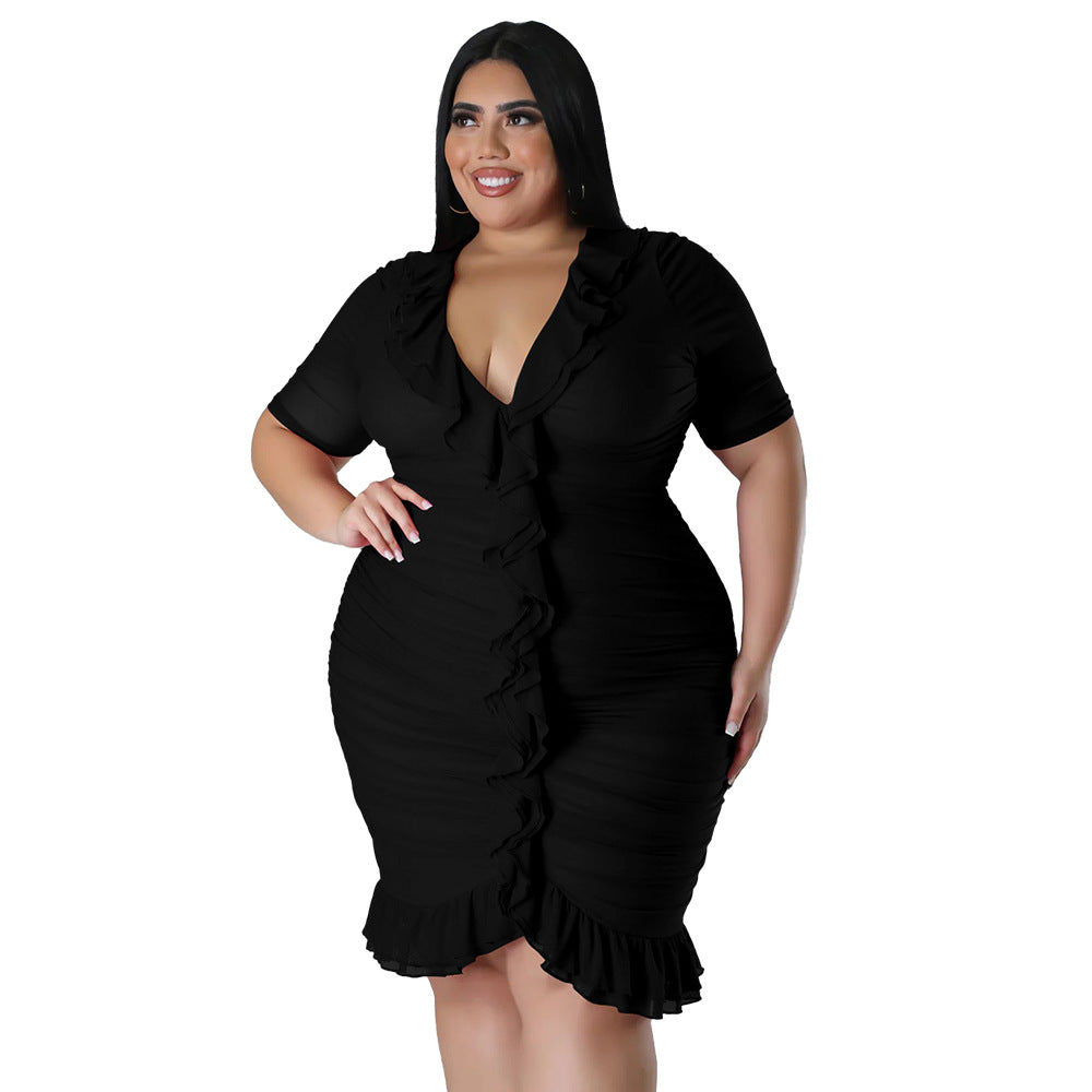 Plus Size Women'S Mesh Lining See-Through Double Layer Ruffle Sexy Dress 12