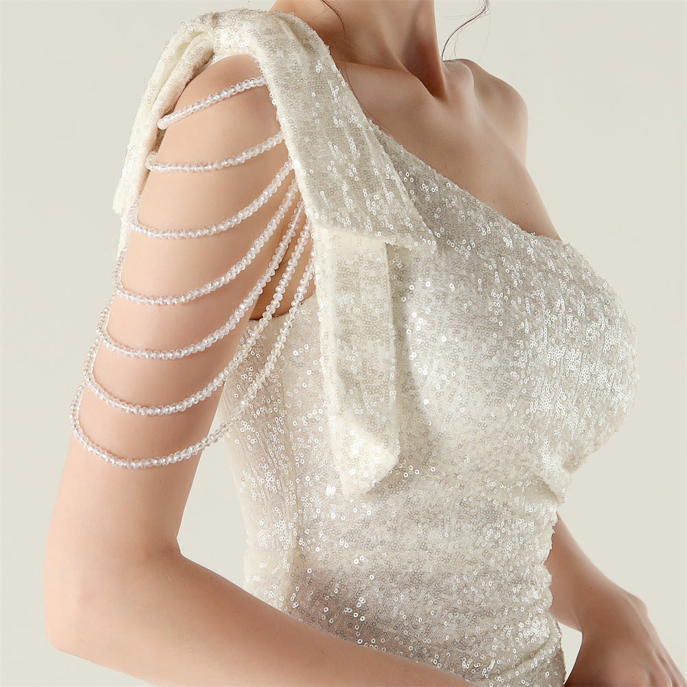 Plus Size Women clothing one-shoulder nail flower beaded evening dress 44