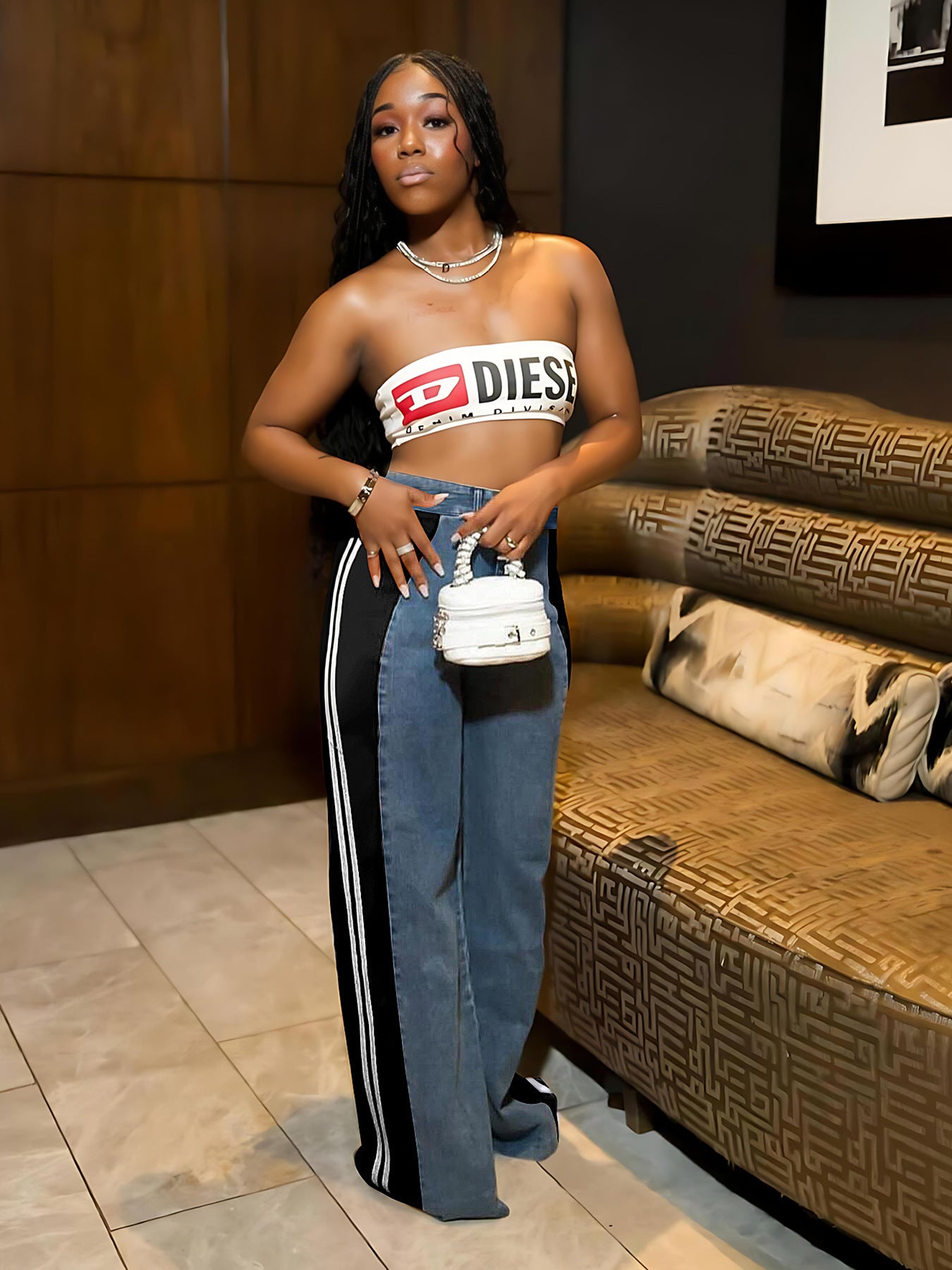 Fashion Patchwork Striped Wide-Leg High-Waist Straight Casual Women's Denim Pants 5