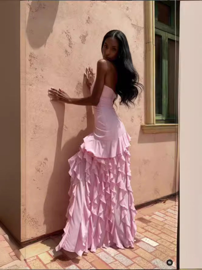 Summer Strapless Ruffle Solid Color Side Slit Chic Dress 6