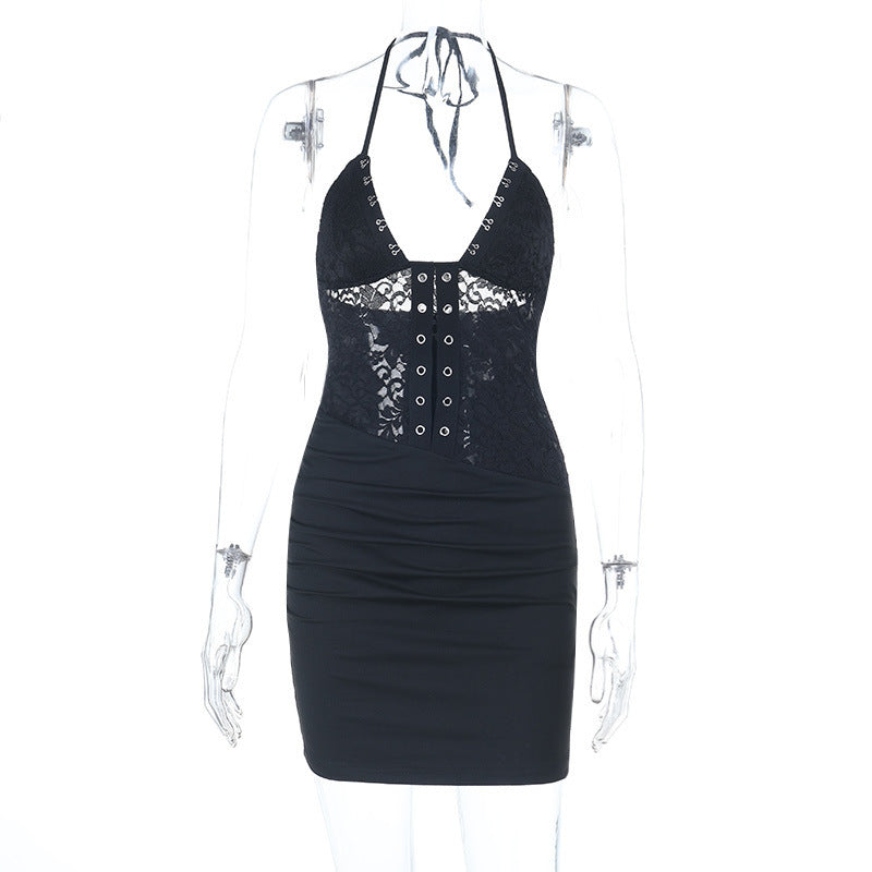 Women Summer Sexy Lace V-Neck Backless Lace-Up Strap Dress