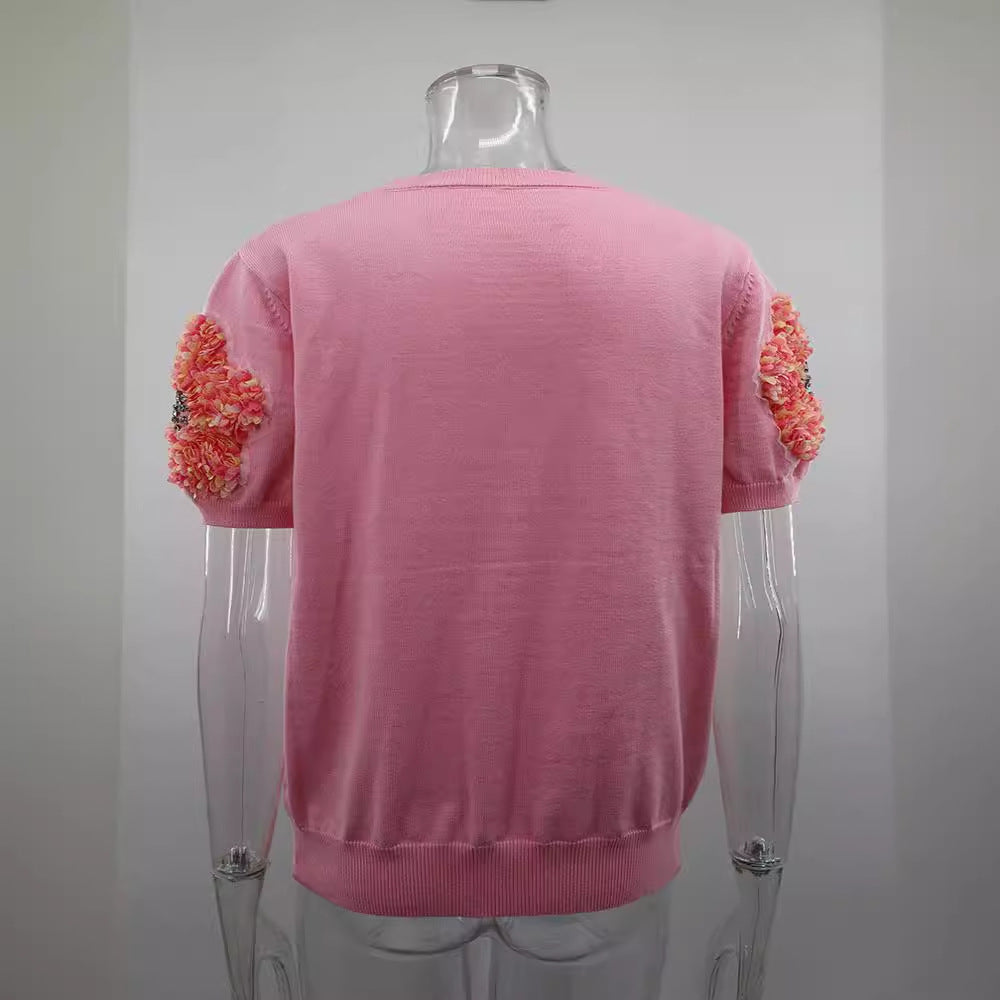 Women Contrast Color Flower Round Neck short-sleeved Top 13