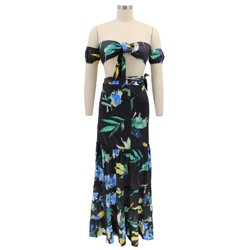 Women summer printed short-sleeved crop Top and slit Skirt sexy two-piece set 19