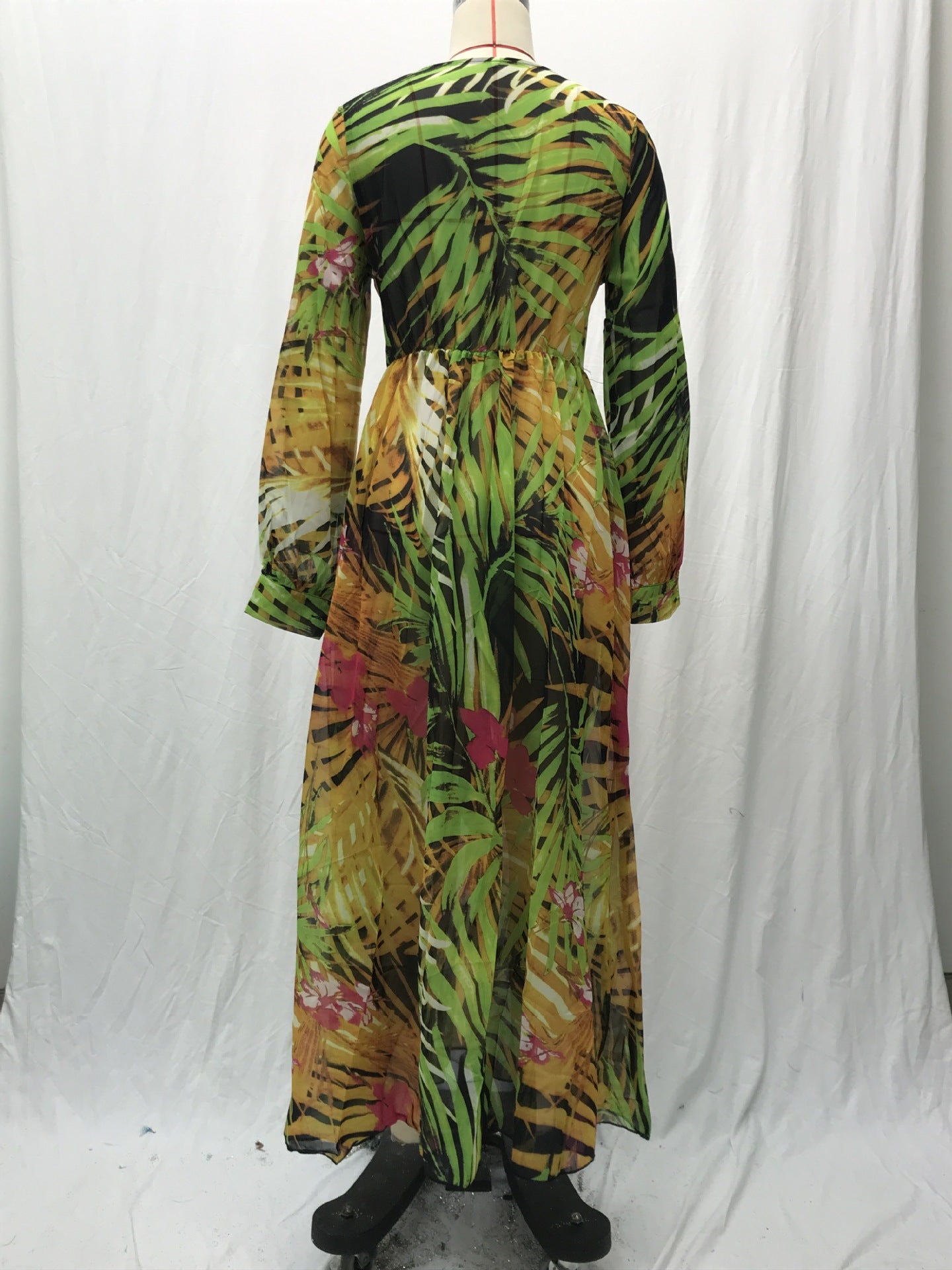 Summer Lantern Sleeve Sexy Deep V Neck Leaf Print Long Dress 20