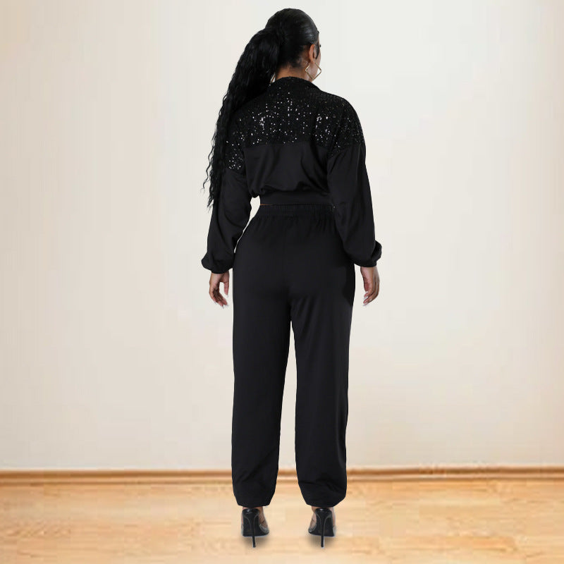 Women's Spring Casual Sequined Long Sleeve Two-Piece Pants Set 4