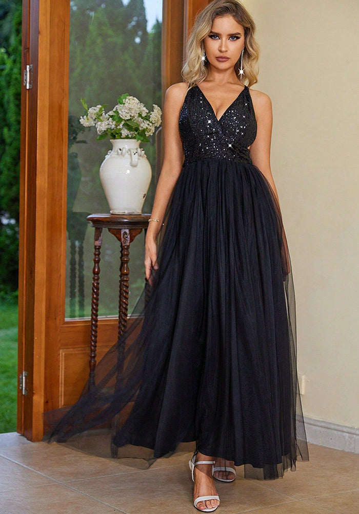 Women Sequin Patchwork Backless Dress