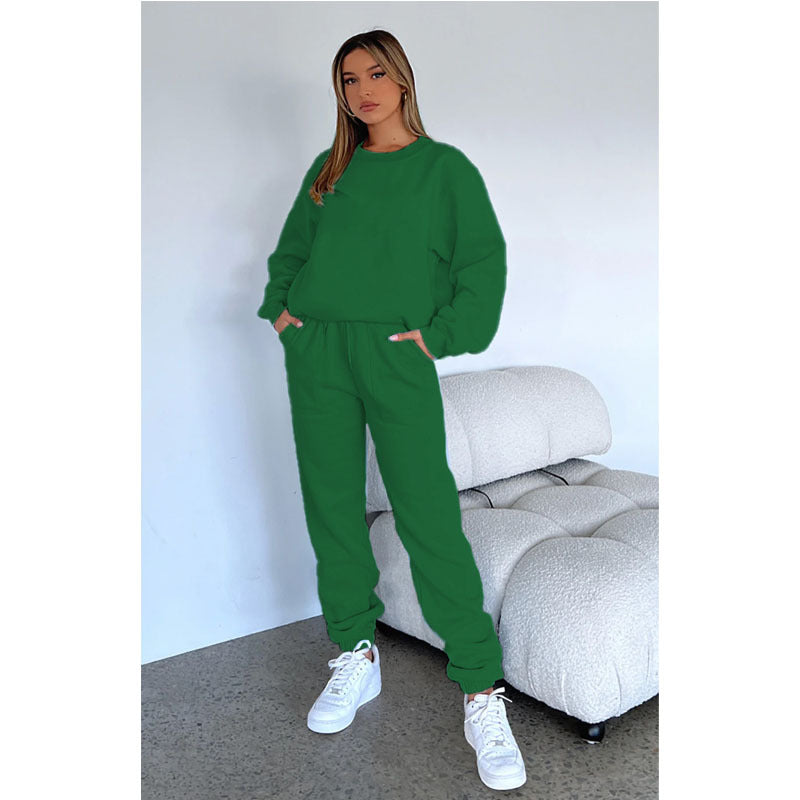 Solid Color Fleece Round Neck Pullover Long Sleeve Hoodies Fashionable Casual Pants Set 4