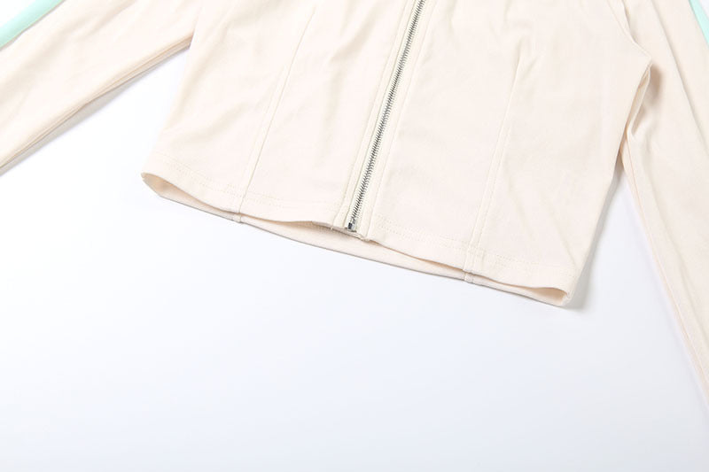 Women Fall Stand Collar Contrast Letter Embroidered Zipper Top and Shorts Two-Piece Set 16