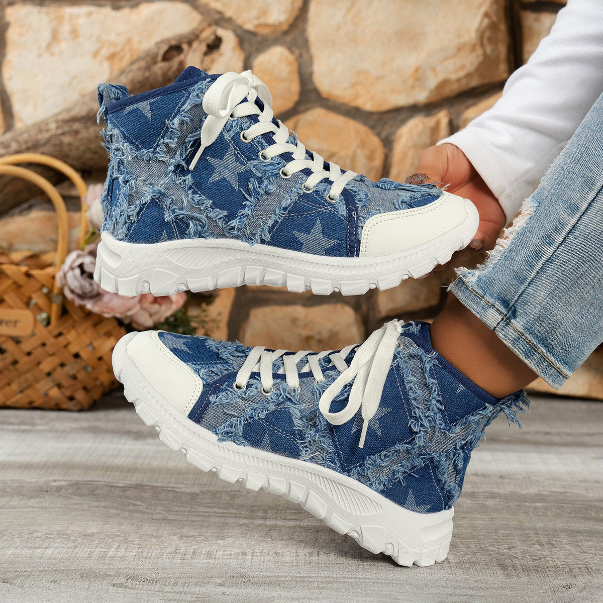 Autumn Winter Thick-Soled Washed Denim Plaid Women Casual Short Boots