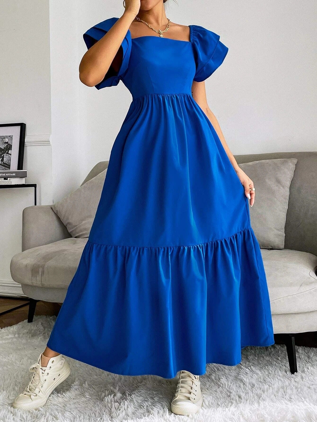 Women Ruffled Off Shoulder Flying Sleeve Solid Dress 8