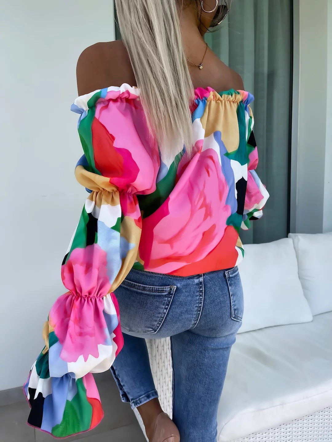 Off Shoulder Long Sleeve Printed Loose Women Casual Top 6