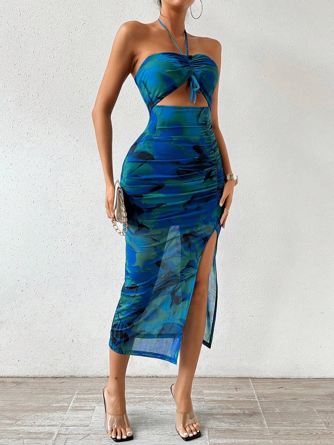 Spring and Summer Women's Strapless Halter Low Back Print Slim Dress 17