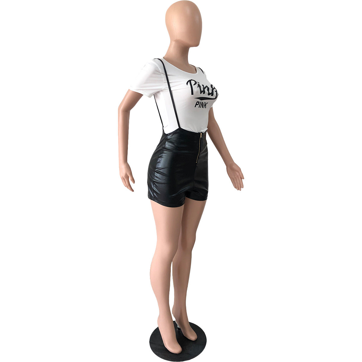 Women Short Sleeve Printed T-Shirt And Stretch Pu Leather Suspender Jumpsuit Two Piece Set 19