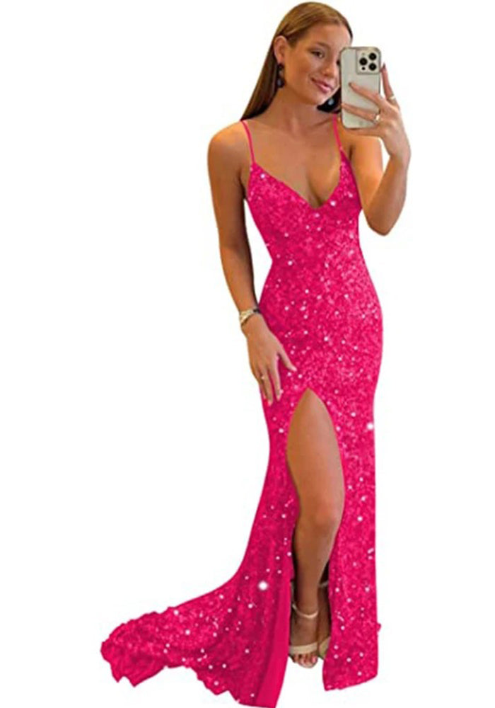 Luxury Sequin Strap Deep V Neck Low Back Formal Party Evening Dress（Processing time need 3-6 days）