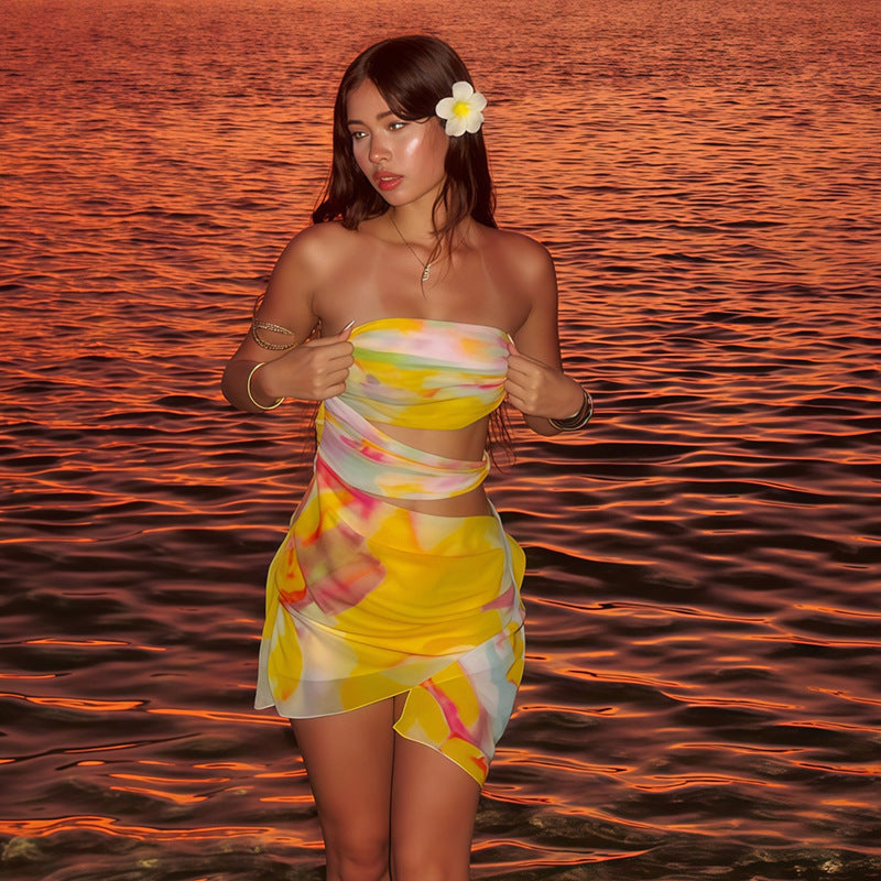 Women Summer Sexy Contrast Backless Bodycon Hollow Strapless Dress 3