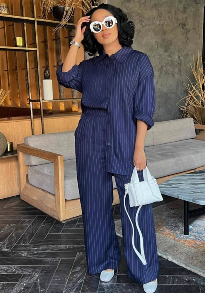 Women French Stripe Casual Long Sleeve Shirt Pants Two-piece Set