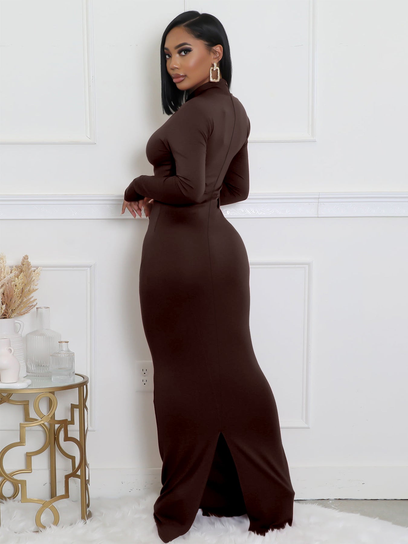 Women Solid Long-Sleeve Slash Shoulder Fishtail Bodycon Dress 11