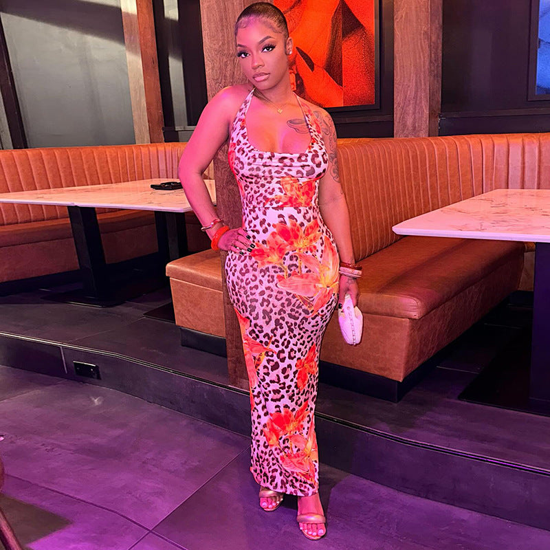 Women's Chic Flower Leopard Print V-neck Low Back Slim Long Dress 16