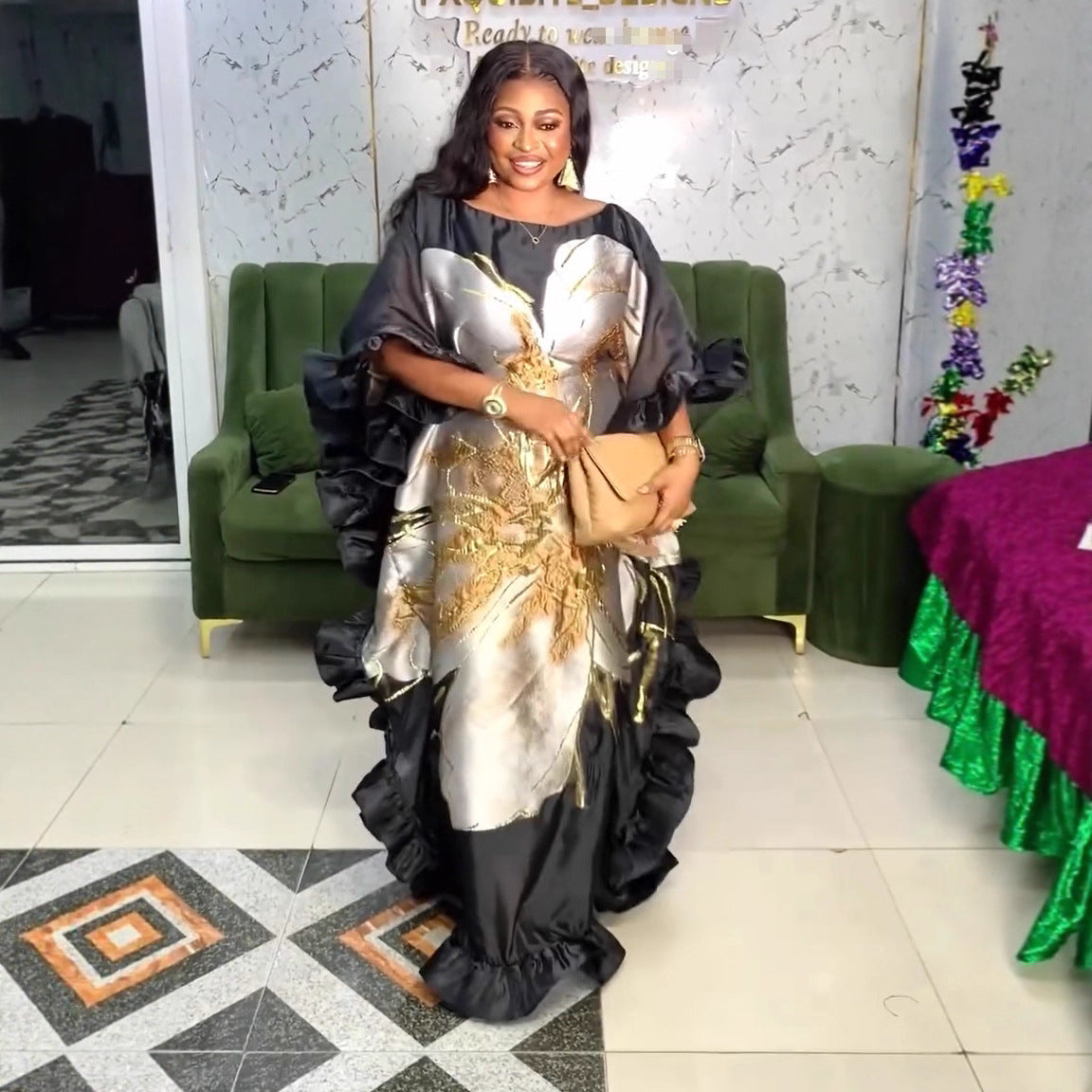 African Women's Plus Size Organza Dress Printed Robe Dubai