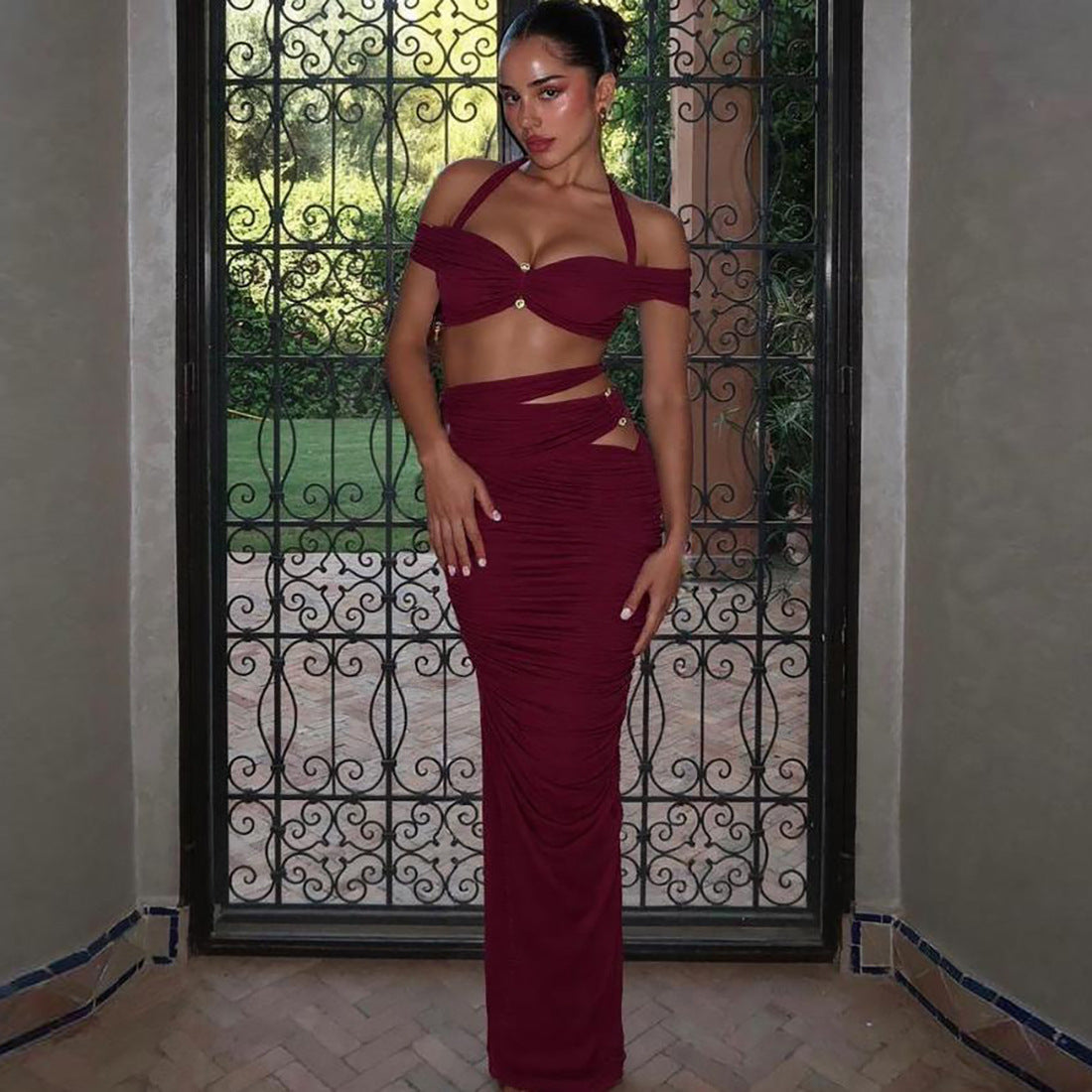 Summer Women's Sexy Halter Neck Off-Shoulder Sleeveless Top & Fitted Ruched Long Skirt Set 10