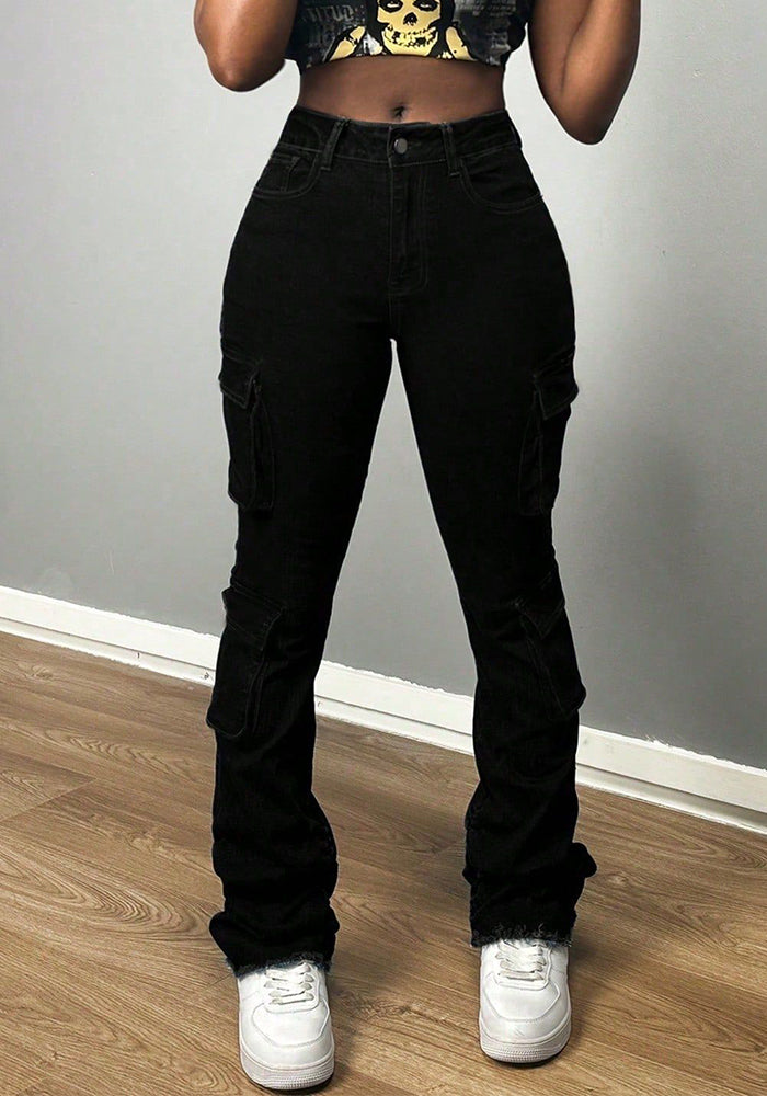 Women Pocket Stretchy Pleated Trousers Denim Trousers