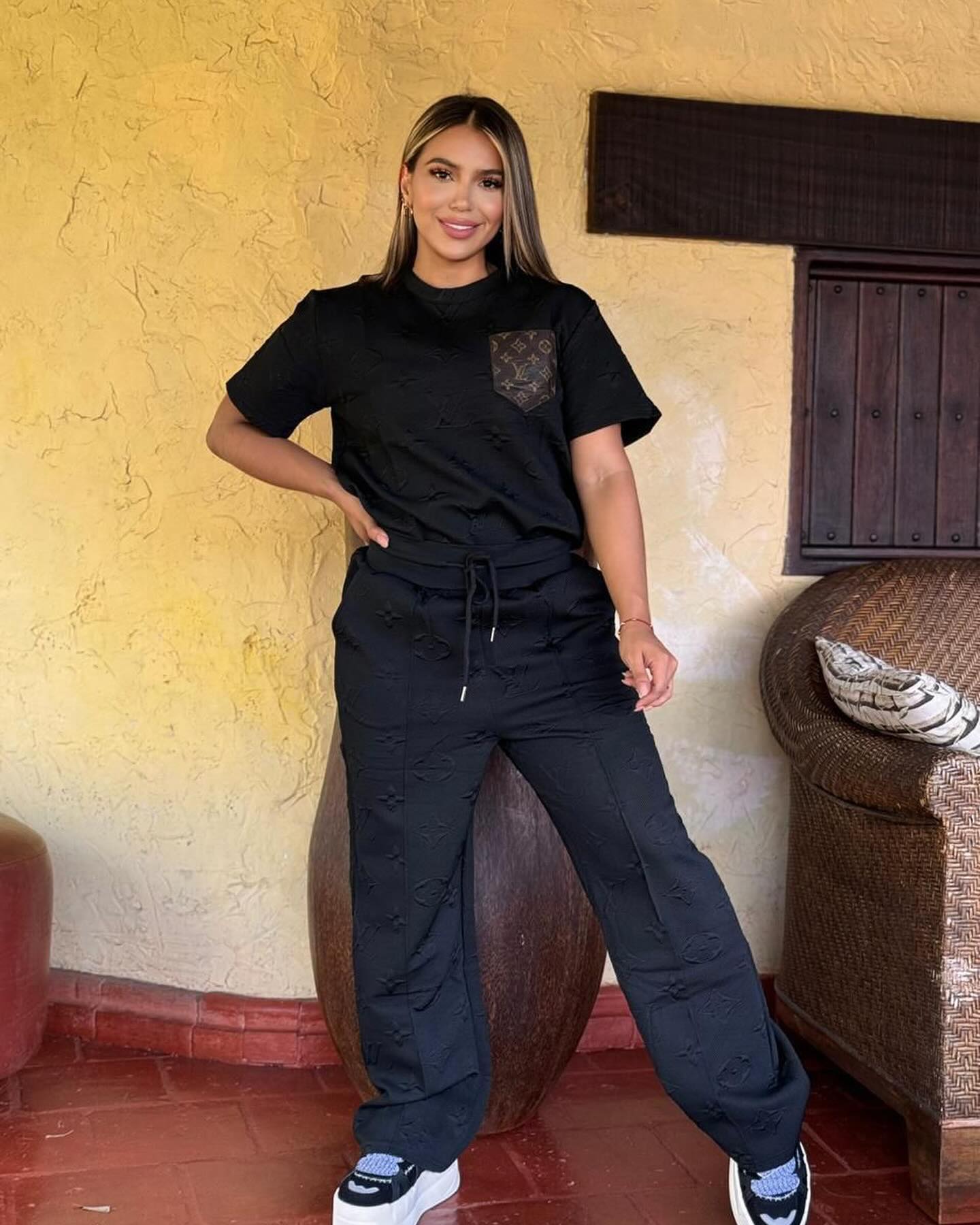 Women casual Pu-Leather pocket short-sleeved top and long pants jacquard two-piece set 12