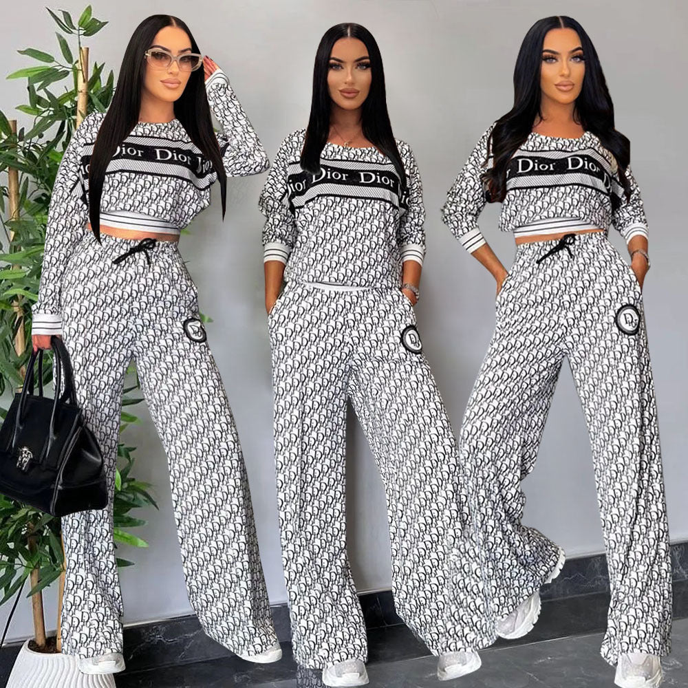 Women's Fashion Casual Trendy Ribbed Long Sleeve Loose Wide Leg Two-Piece Pants Set