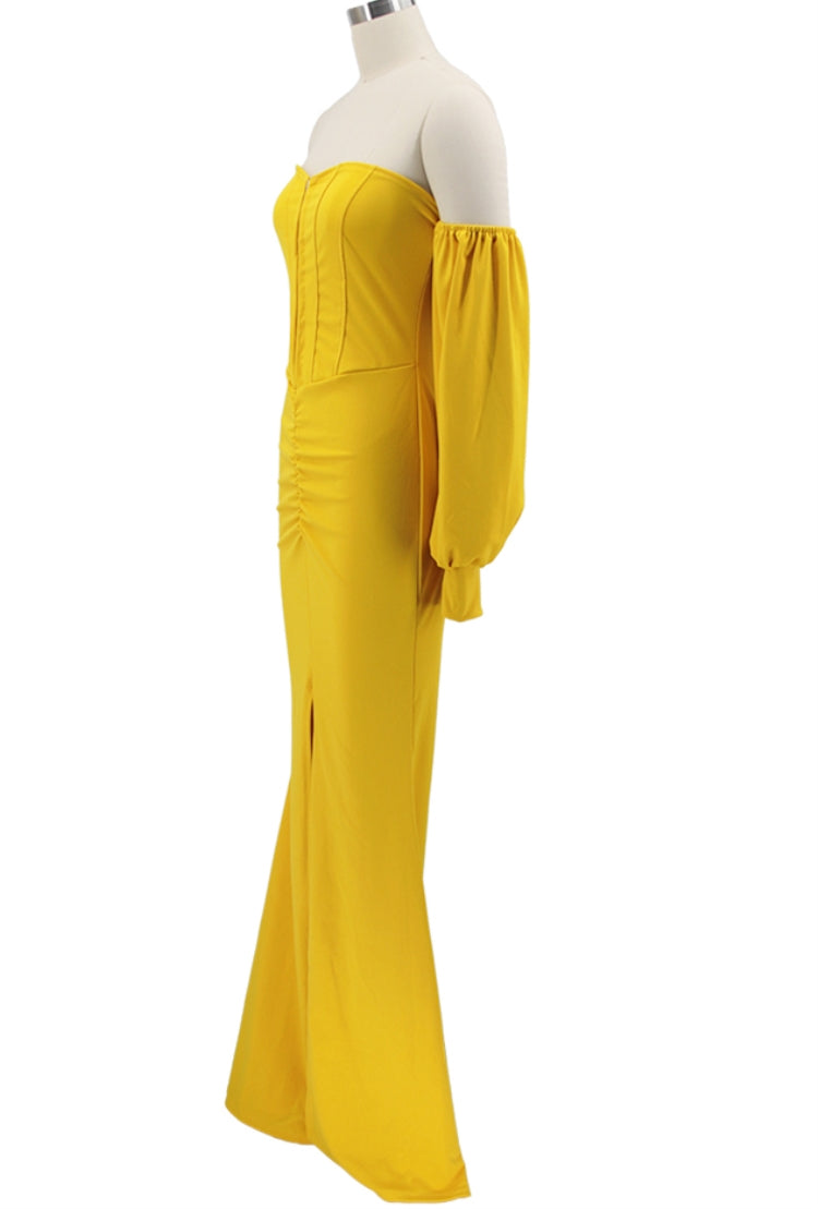 Autumn Formal Front Slit Strapless Mermaid Evening Dress Yellow 4