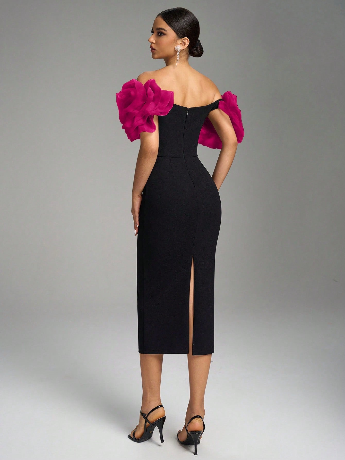 Black & White Off-Shoulder Floral Sleeve Bodycon Party Dress 11