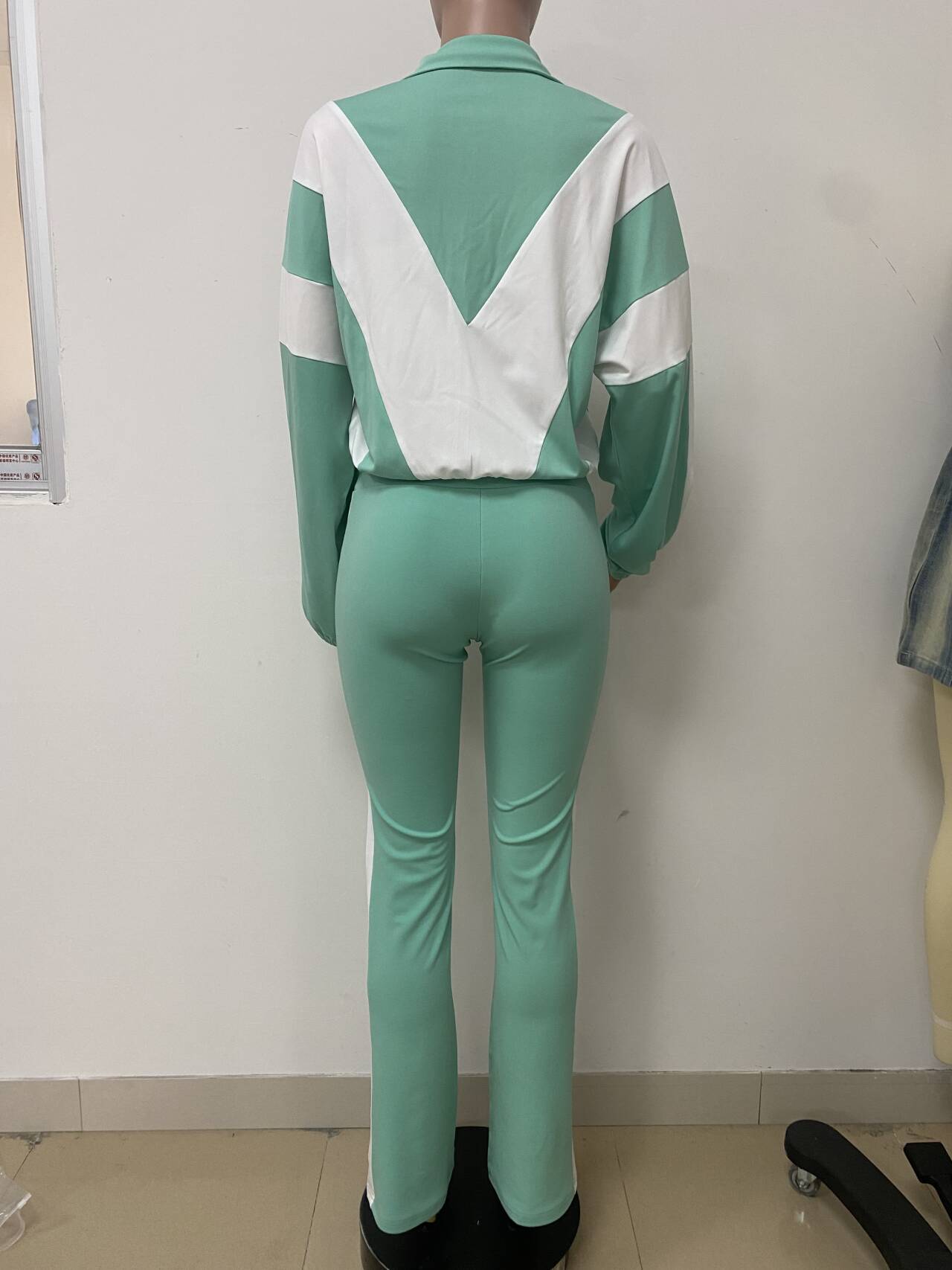 Women Zippered Turndown Collar Patchwork Zipper Top and Two-Piece Pants 6