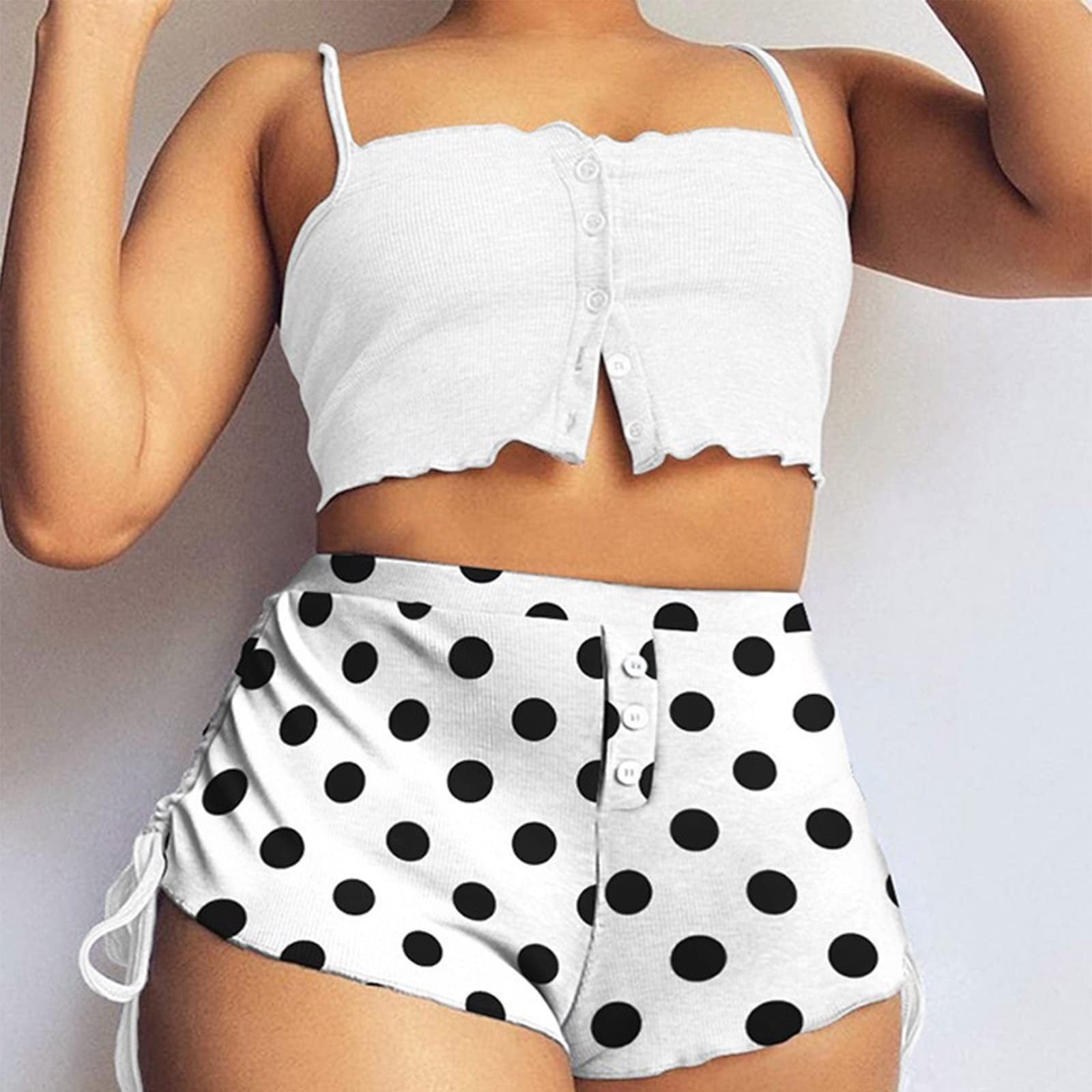 Strap Pajamas Button Printed Two Piece Shorts Set 13