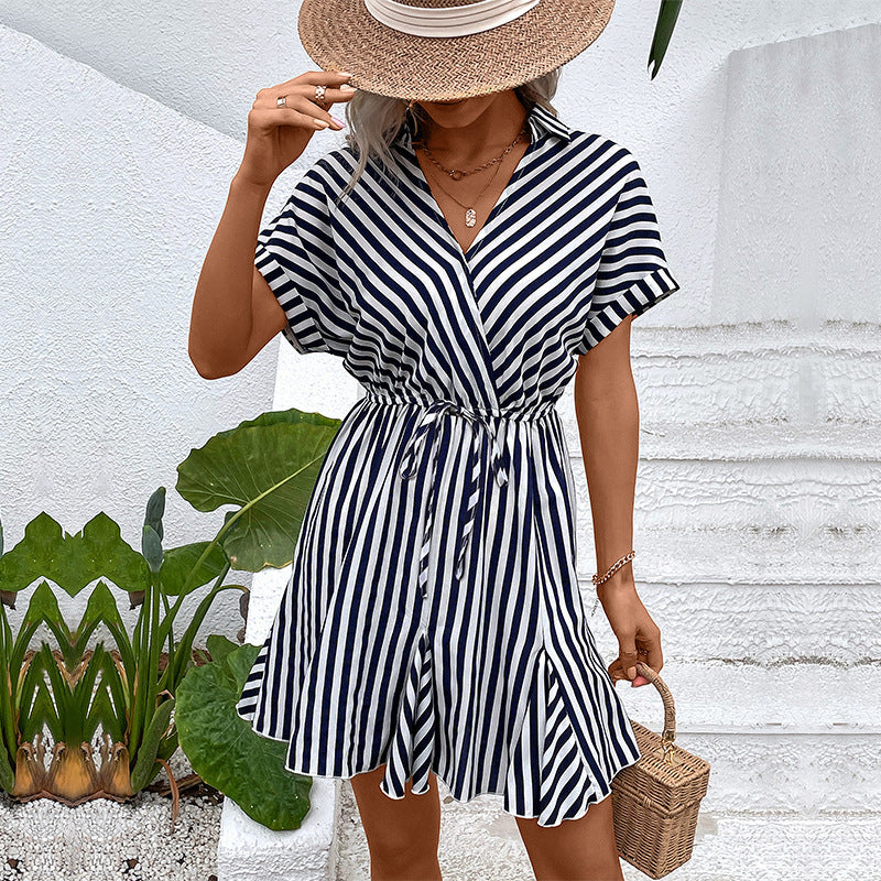 summer Turndown Collar Striped Slim Waist shirt dress 5