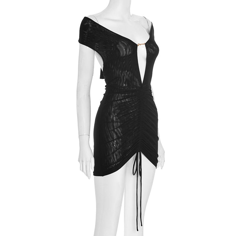 Women's Autumn Solid Color Sexy Off-Shoulder Short Sleeve Low Back Lace-Up Pleated Short Dress 10